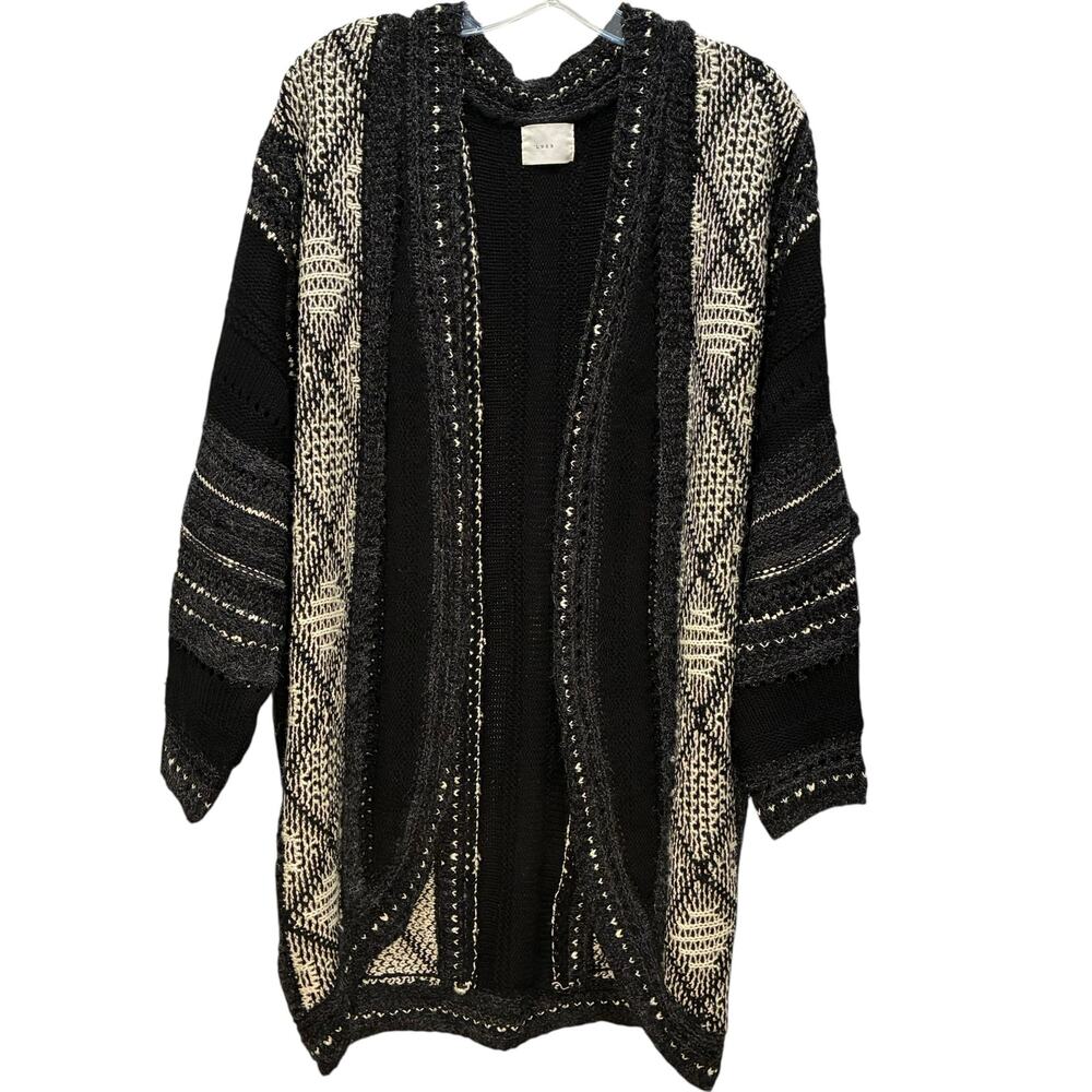 Lush Cardigan Open Front Wool Blend Knit Sweater Black Cream Womens Medium Large